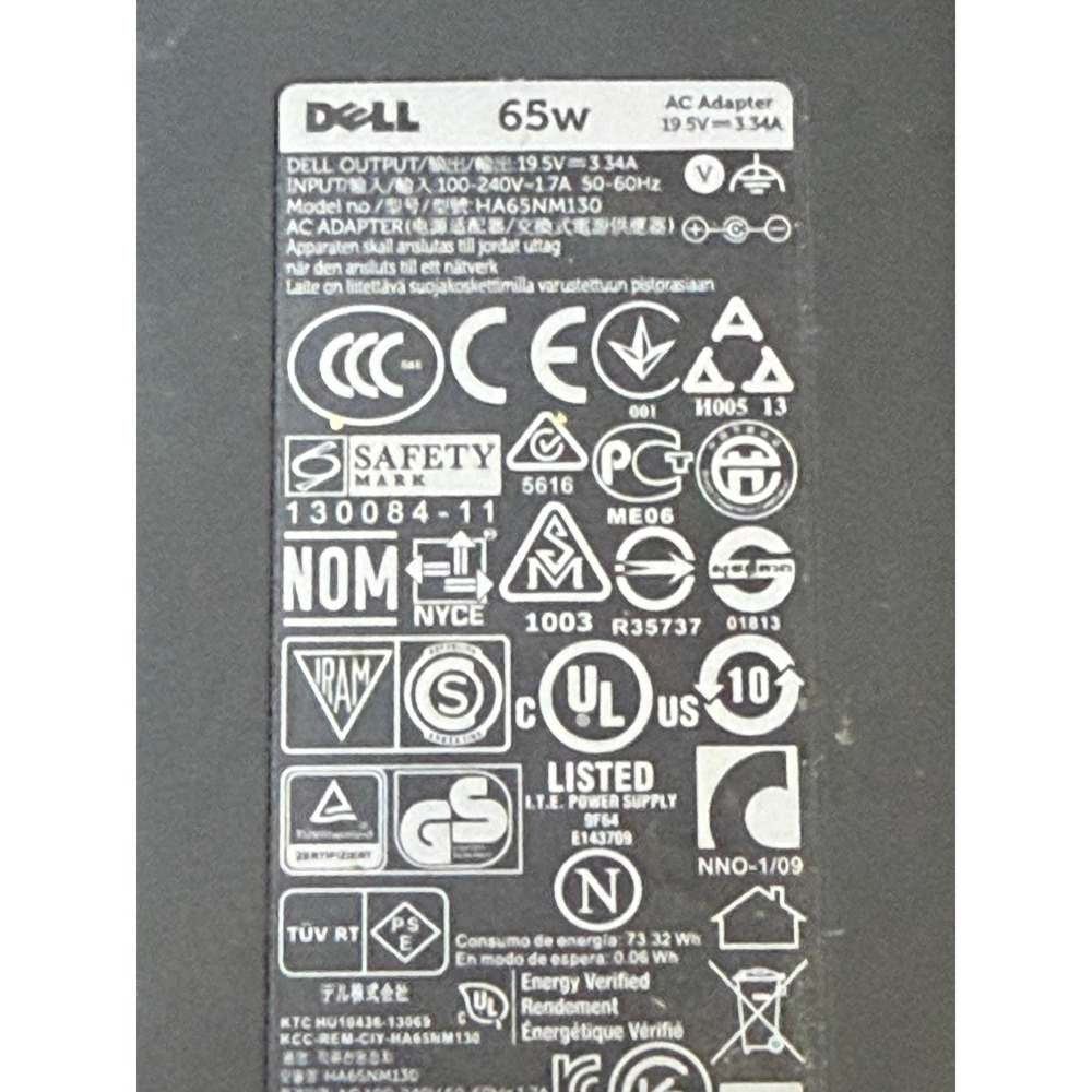 Dell 65W AC Adapter Laptop Charger Power Supply HA65NM130 19.5V 3.34A Black